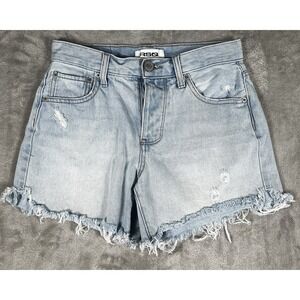 RSQ Shorts Womens 25 Blue Denim Distressed Button Fly 4" inseam 27 whiskers cut